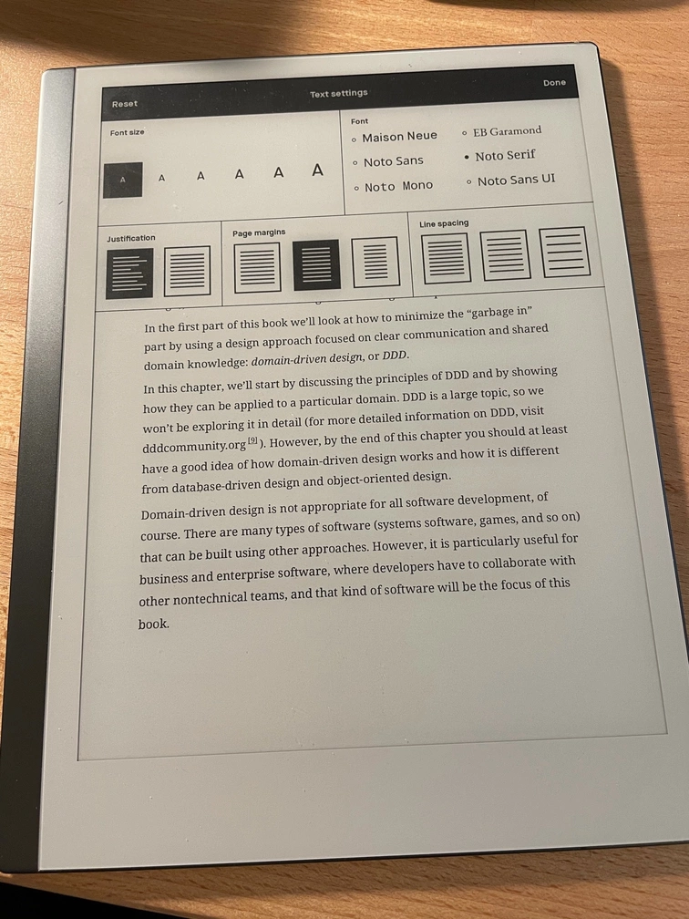 EPUB Font menu with smallest font selected